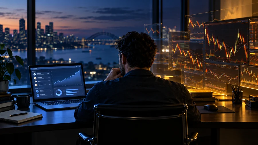 Trader comparing a share portfolio with a complex trading interface