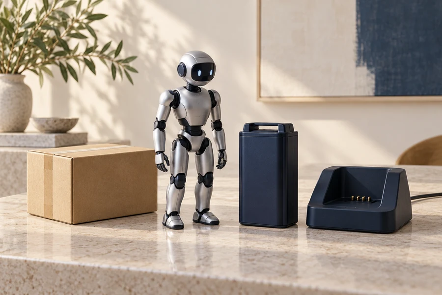 Un robot humanoide plateado en miniatura junto a una batería azul marino, una base de carga y un paquete.