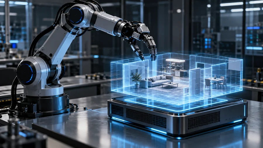 Robotic arm interacting with a glowing three-dimensional simulated room in a laboratory.
