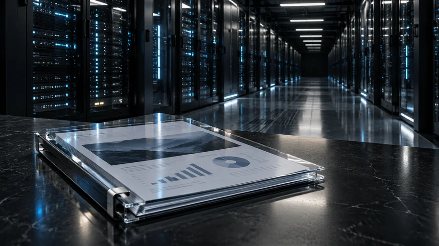 Financial prospectus folder in front of a long, illuminated AI data-centre corridor.