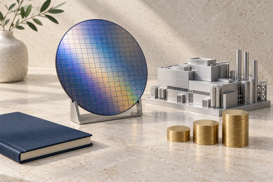A silicon wafer and silver factory model beside a navy notebook and three stacks of brass discs.