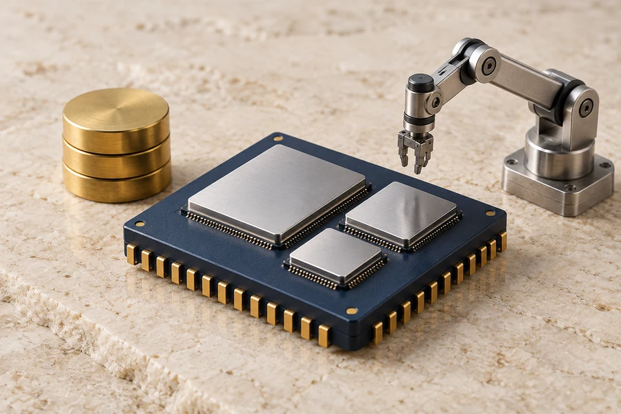 Three silver chip tiles on a navy package beside a small assembly arm and stacked brass discs.