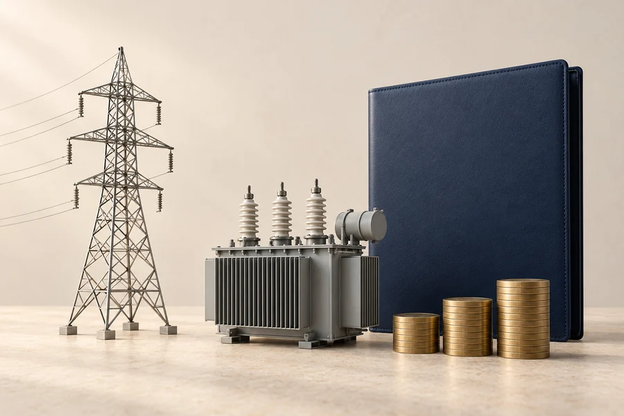 A silver pylon and transformer beside a navy folder and three stacks of brass discs.