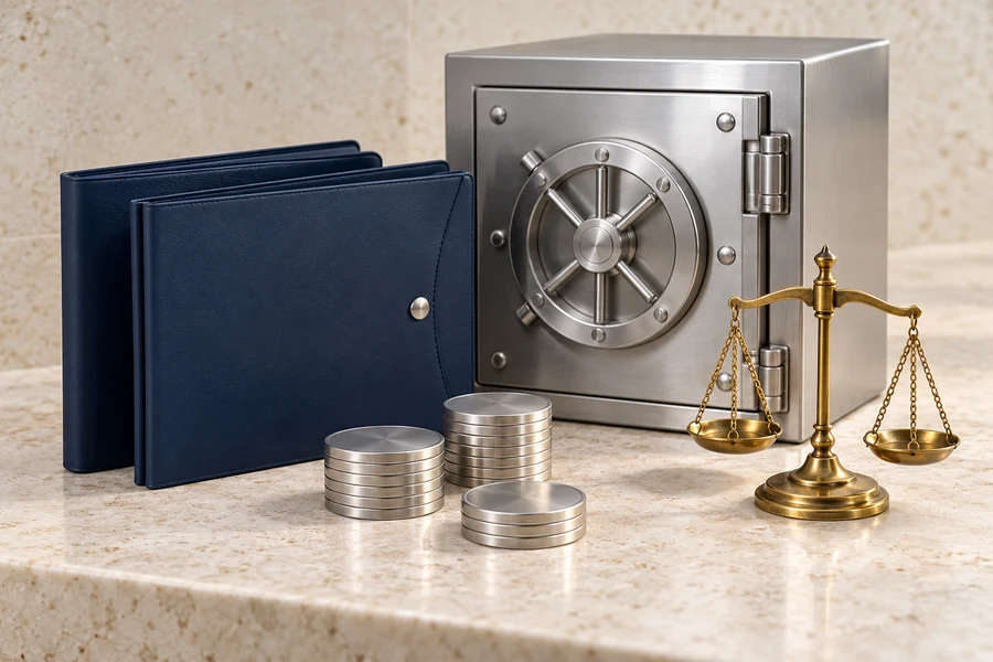 Two navy folders beside a silver vault, silver discs and a brass balance scale.