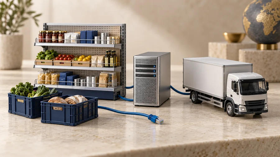 Conceptual illustration of supermarket logistics, a delivery van and digital systems; not a photograph of the incident.