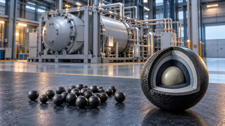 AI-generated conceptual illustration of layered TRISO fuel particles and a compact microreactor; not a technical diagram or a photograph of an Antares reactor.