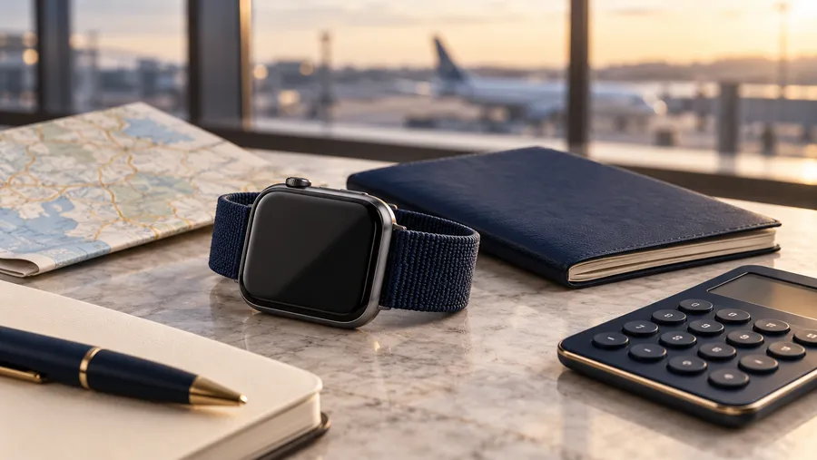 Ilustración conceptual generada con IA de un reloj inteligente, documentos de viaje y una calculadora; no es una fotografía de producto de un Apple Watch.