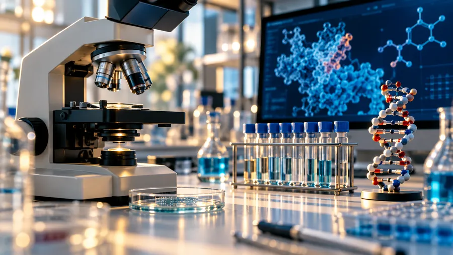 AI illustration of a microscope, sample tubes and a DNA model in a biotechnology laboratory.