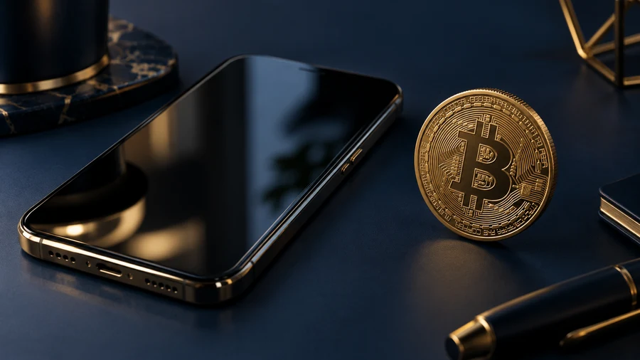 Smartphone and symbolic Bitcoin coin accompanying an article about Crypto Earn and Bitcoin interest.