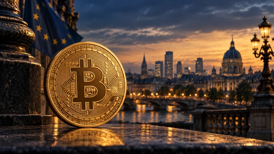 Bitcoin vor einer europäischen Finanzskyline zur Analyse eines Kurses von einer Million Euro.
