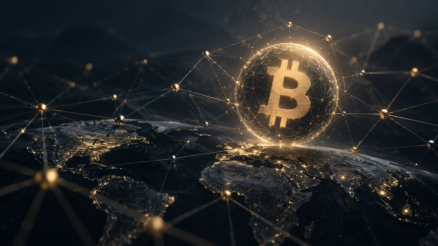 Illustrazione di Bitcoin come bene digitale all’interno di una rete decentralizzata.