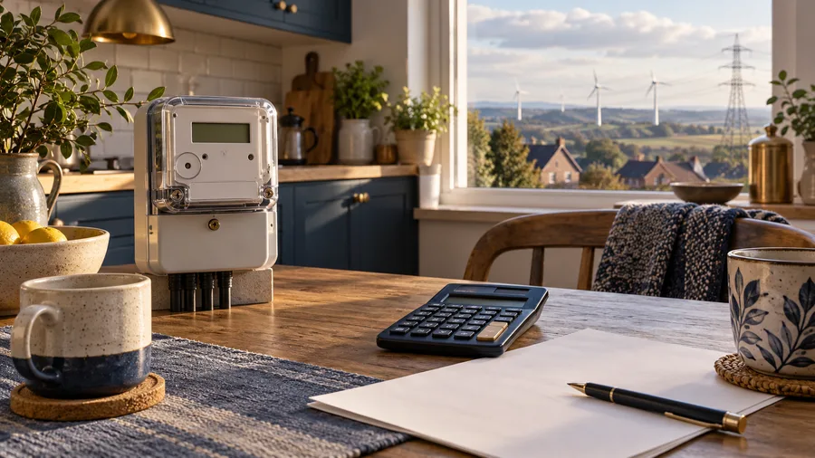 AI illustration of an electricity meter and calculator on a table, with wind turbines and power lines outside.