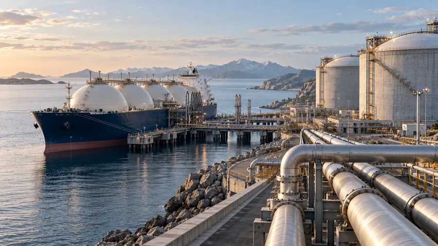 AI illustration of an LNG tanker at an import terminal with storage tanks and pipelines.