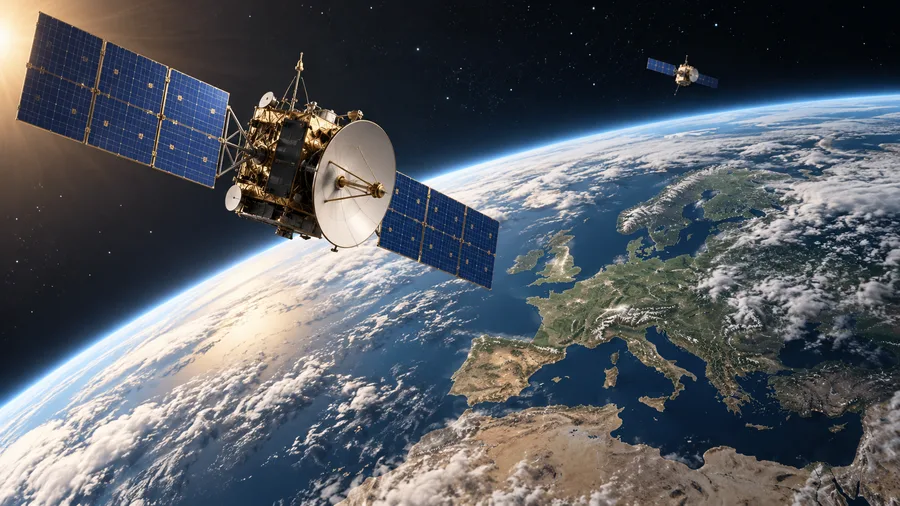 Conceptual AI illustration of a satellite with solar panels above Earth; not a depiction of a specific mission.