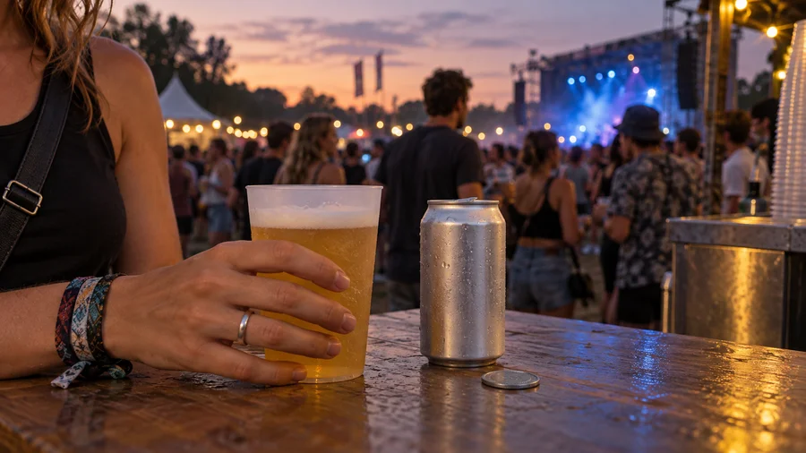 KI-Illustration eines anonymen erwachsenen Festivalbesuchers mit einer Becher, einer unbedruckten Dose und einer Rückgabemarke in einer niederländischen Festivalbar.