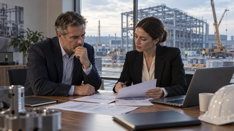 Illustration eines Finanzierungsgesprächs über eine Fabrikerweiterung.