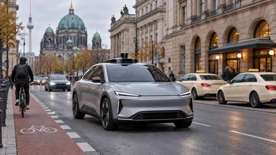 AI-generated conceptual illustration of an unbranded autonomous taxi in a German city; not a photograph of a Tensor vehicle or an operating service.