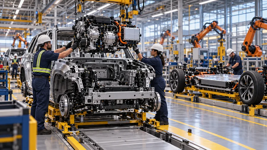 AI-generated conceptual illustration of an automotive assembly line with a hybrid powertrain; not a photograph of a GM factory.