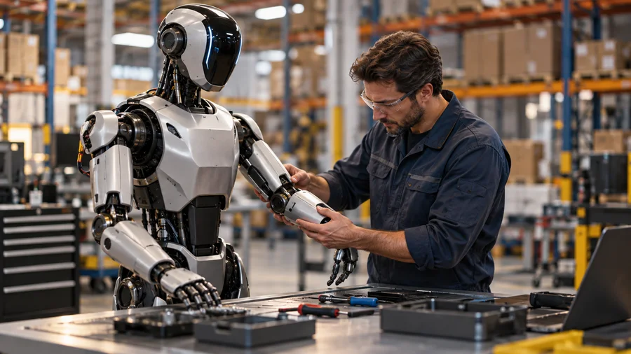 KI-Illustration eines humanoiden Roboters mit einem Wartungstechniker an einem Lagerarbeitsplatz.