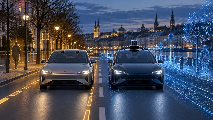 Conceptual AI illustration of camera and LiDAR detection around two generic cars; not a photograph of the compared models.