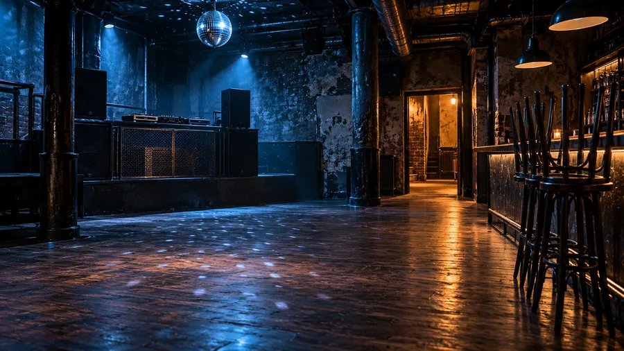 Illustrazione concettuale IA di un club vuoto con sfera a specchi, consolle DJ e sgabelli impilati; non è la foto di un locale esistente.