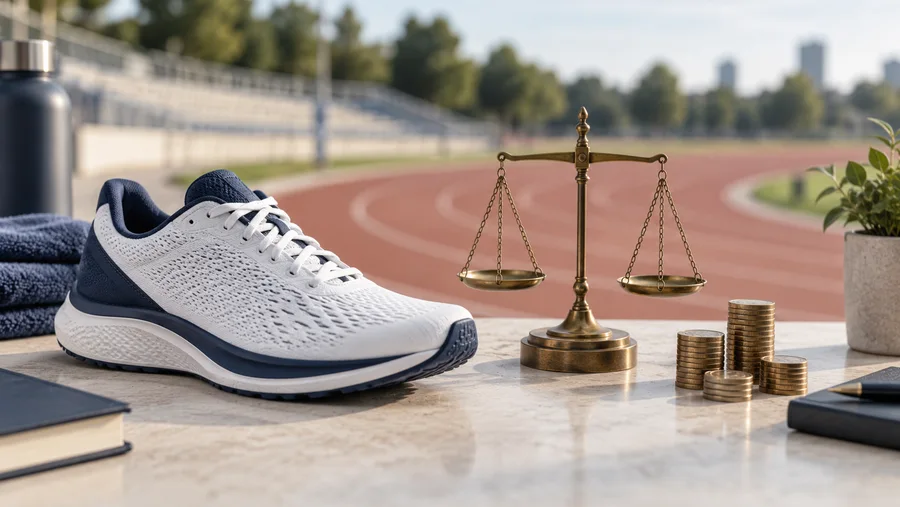 Ilustración generada por IA de una zapatilla para correr sin marca junto a una balanza y monedas; no es una fotografía de un producto Nike.