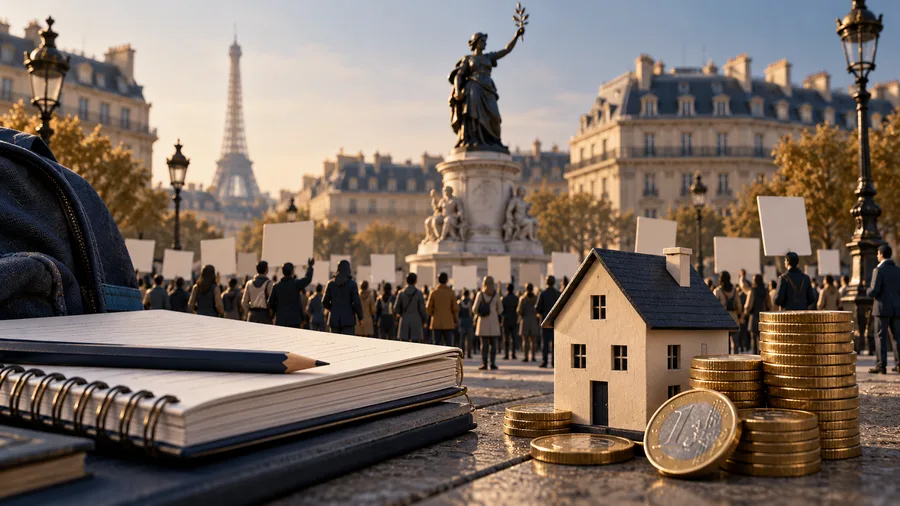 Ilustración conceptual con IA de una plaza parisina, manifestantes con carteles vacíos, un cuaderno, una casa en miniatura y monedas de euro; no es una foto de la protesta.