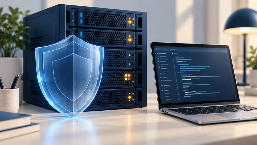 Illustrazione generata dall’IA di un server, un portatile e uno scudo blu che rappresentano gli aggiornamenti di sicurezza dei siti web.