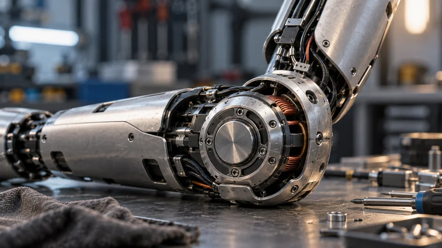 KI-Illustration eines Robotergelenks auf einer Werkbank; kein Foto eines bestimmten 3D-gedruckten Produkts.