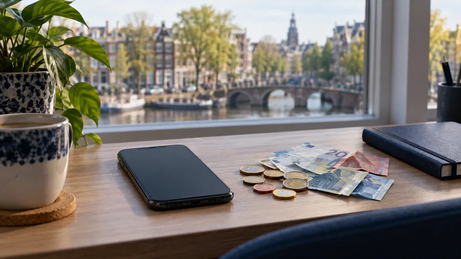 AI illustration of a smartphone and euro savings on a desk, with a Dutch canal in the background.