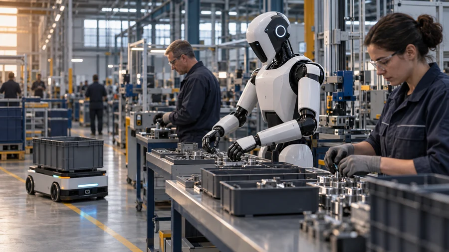 Humanoid robot sorts parts alongside workers and a transport robot in a fictional factory.