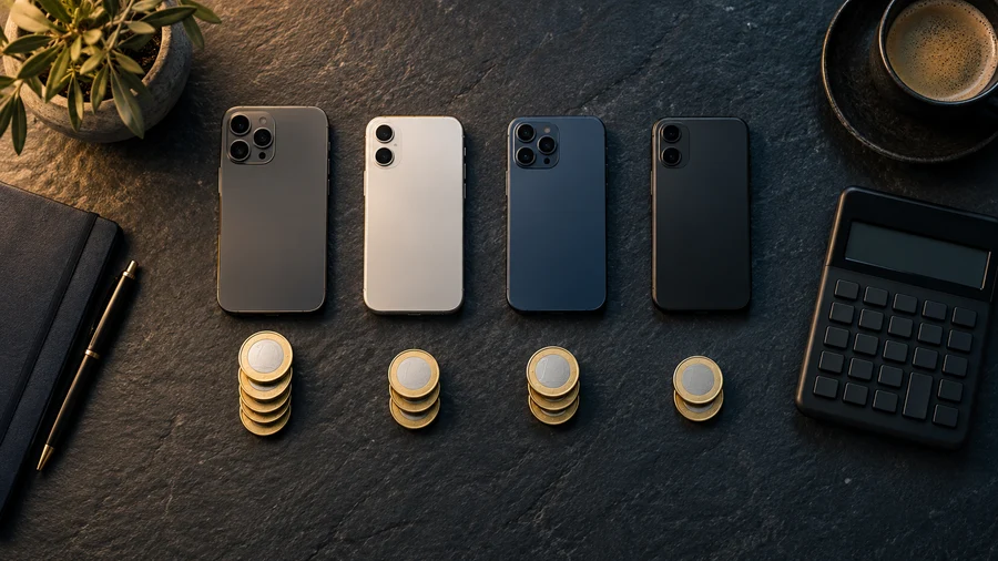 Teléfonos, pilas de monedas y una calculadora ilustran los costes de inversión.