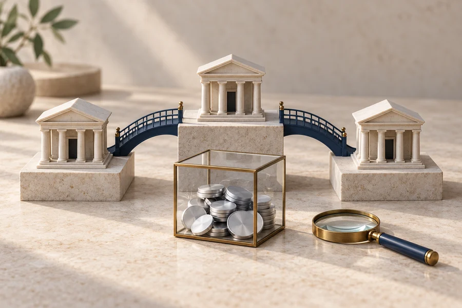 Drei Miniatur-Bankgebäude aus Stein, verbunden durch blaue Brücken, mit silbernen Scheiben in einer Glasbox und einer Lupe.