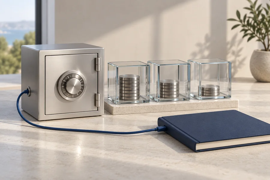 A silver vault and three glass boxes containing metal discs beside a navy book connected by a blue cable.