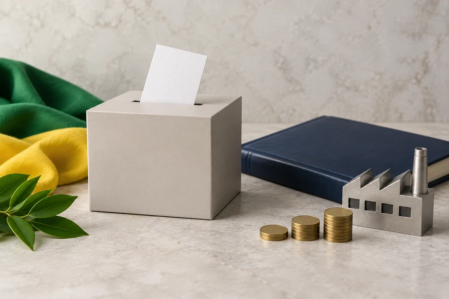 A plain ballot-box model with a blank paper beside a navy book, a silver factory model and brass discs.