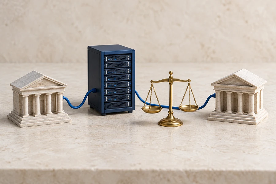 A navy server cabinet, two pale bank models and a brass balance scale connected by a blue cable.