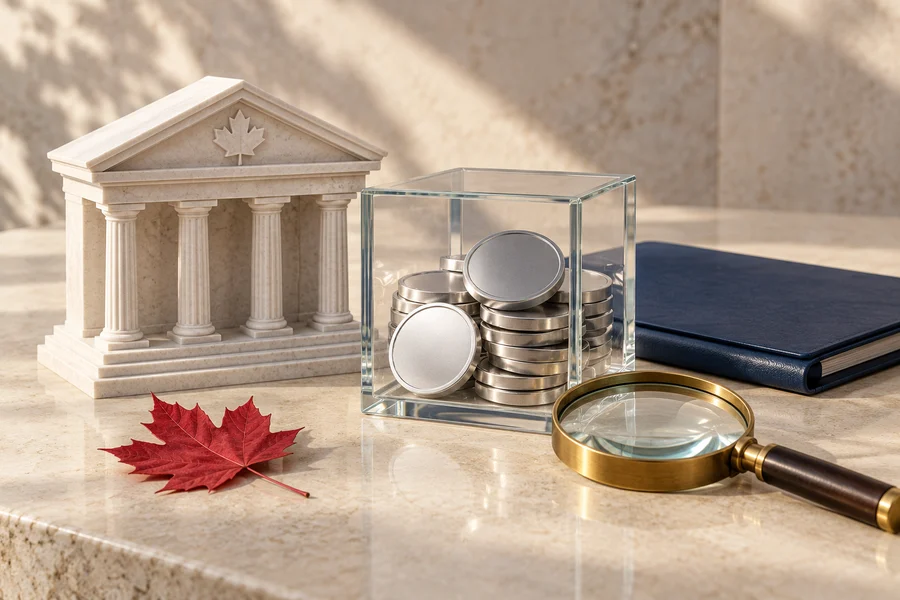 A pale bank model, glass cube of silver discs, navy folder and brass magnifying glass beside a red maple leaf.