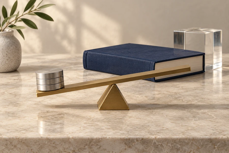 A brass lever on a triangular fulcrum with silver discs, beside a closed navy book and a clear glass cube.