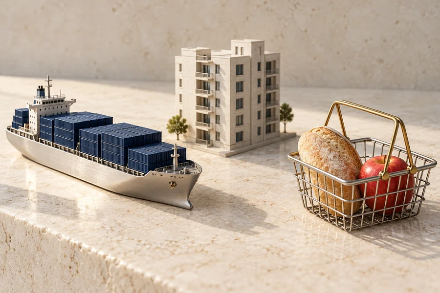 A miniature container ship beside a pale apartment model and a wire basket holding bread and an apple.