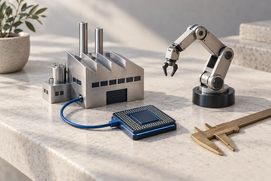 A silver factory model and robot arm beside a navy processor connected by a blue cable, with a brass caliper on stone.