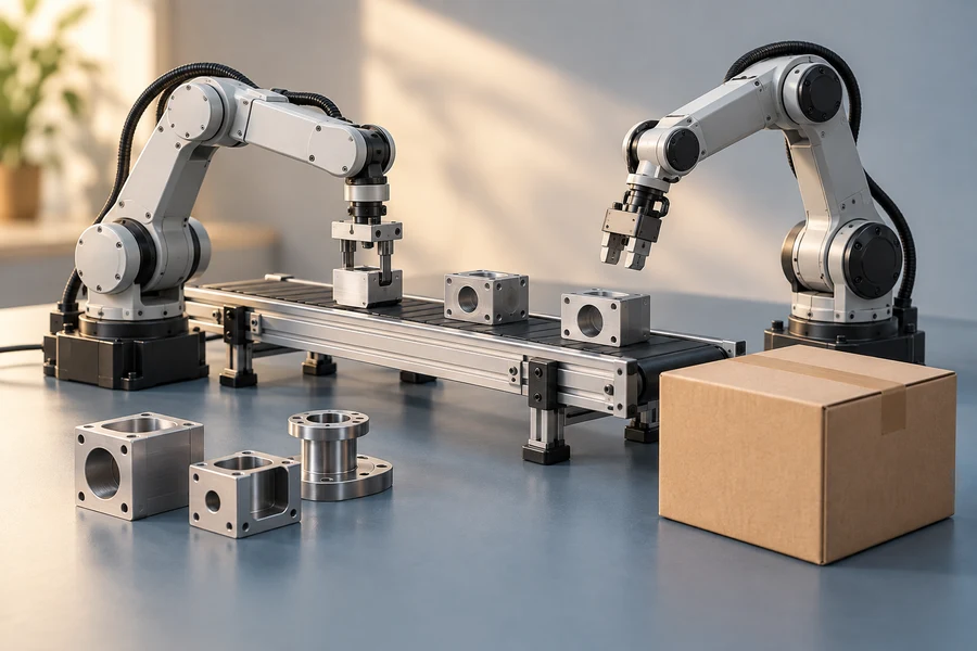 Two miniature industrial robotic arms above a conveyor with metal parts, beside a plain cardboard box.