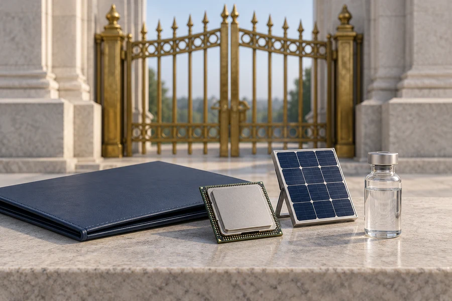 A silver chip, dark solar panel and clear vial beside a navy folder and brass gate.