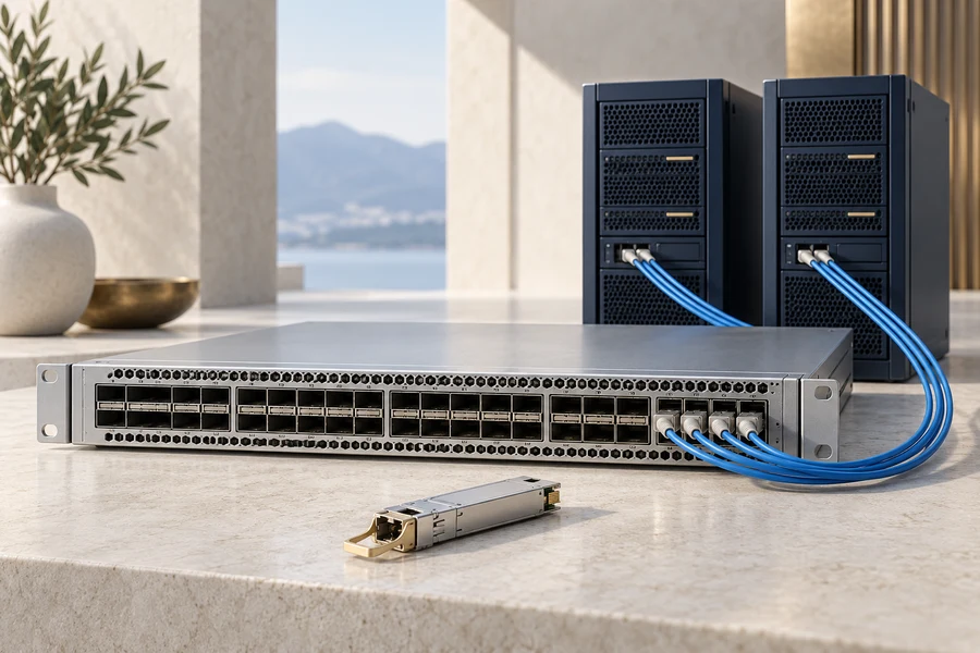Un conmutador plateado y un módulo óptico junto a dos servidores en miniatura azul marino, conectados por cables azules.