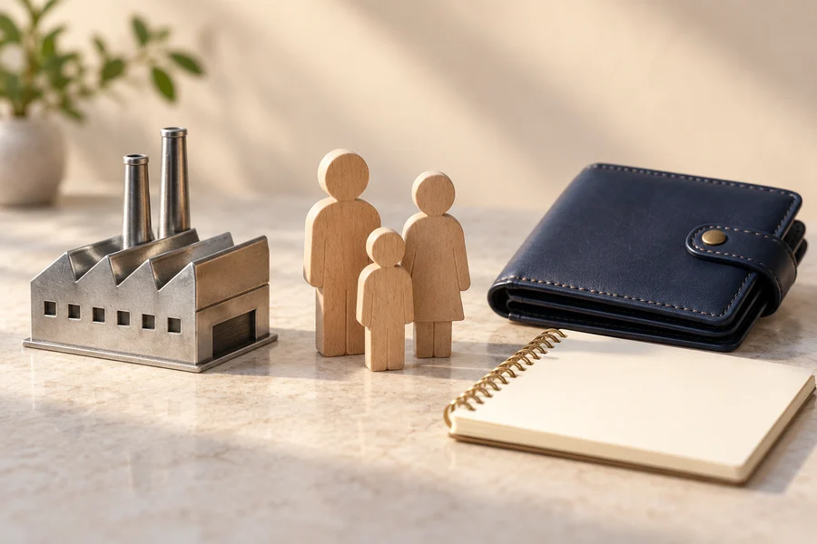 A silver factory model beside three wooden figures, a navy wallet and a cream notebook on a stone tabletop.