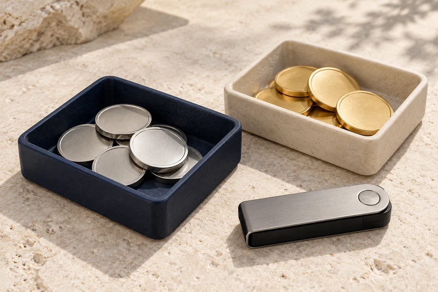 A navy tray of silver discs and a pale tray of brass discs beside a small silver and black wallet-shaped device.