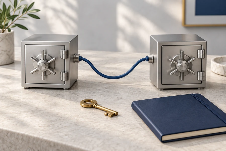 Dos cajas fuertes plateadas conectadas por cable azul junto a una llave de latón y un cuaderno azul marino sin texto.