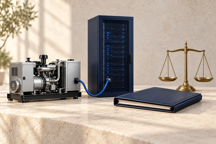 A silver generator linked to a navy server cabinet by a blue cable, beside a navy folder and a brass balance scale.