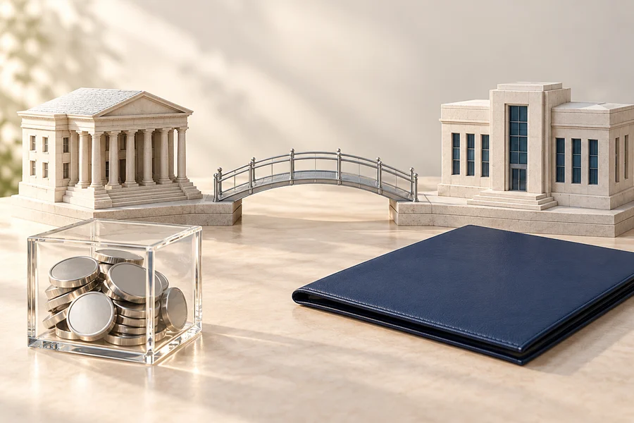 Two pale institutional building models linked by a silver bridge, beside a glass cube of silver discs and a navy folder.