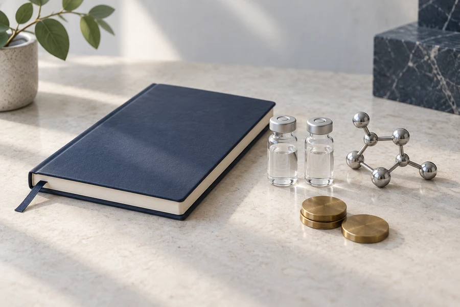 A navy notebook beside two clear vials, a silver molecular model and brass discs.