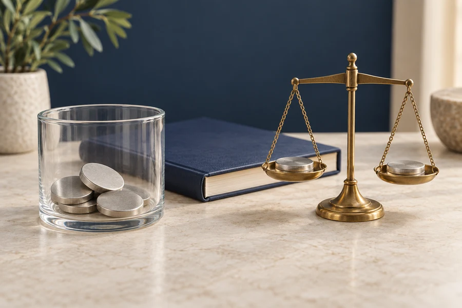 A glass container with silver discs beside a closed navy book and a brass balance scale holding discs.